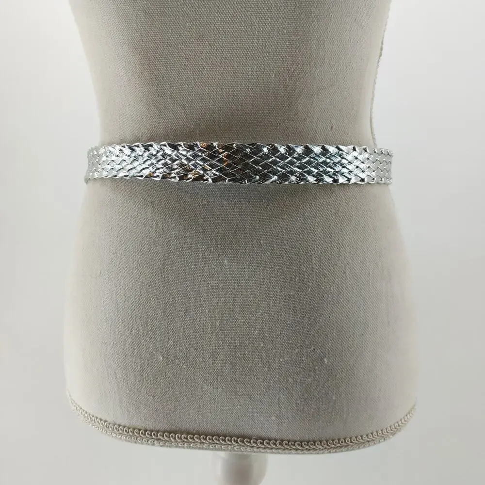 Vintage Womens Small Medium Silver Metallic Braided Belt Disco Festival